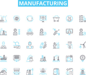 Manufacturing linear icons set. Production, Assembly, Fabrication, Automation, Machining, Casting, Molding line vector and concept signs. Extrusion,Quality,Inventory outline illustrations