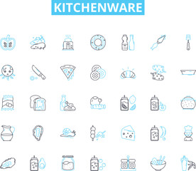Kitchenware linear icons set. Cutlery, Cookware, Bakeware, Utensils, Dishware, Appliances, Gadgets line vector and concept signs. Containers,Strainers,Mugs outline illustrations