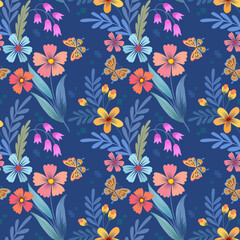 Beautiful blooming flowers design with butterfly on blue color background seamless pattern. Can be used for fabric textile wallpaper.