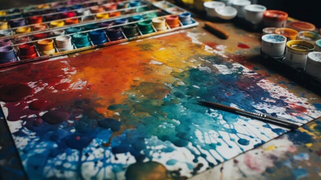 Vibrant hues of watercolor paint blending together. AI generated