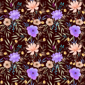 Cute colorful flowers with butterfly on brown color background seamless pattern.