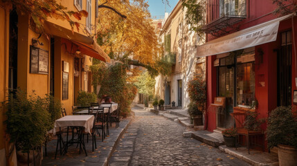 Fototapeta na wymiar a charming street with cafes in the old town. Generative AI