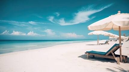 beautiful white sandy beach with turquoise sea and two loungers with umbrellas. no people. Generative AI