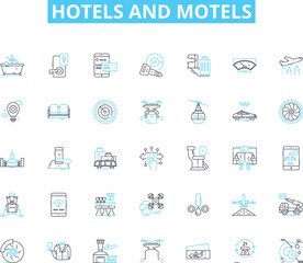 hotels and motels linear icons set. Accommodations, Lodgings, Hospitality, Amenities, Suites, Reservations, Travel line vector and concept signs. Vacation,Comfort,Service outline illustrations