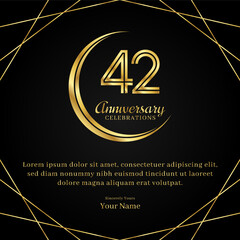 42 years anniversary with a half moon design, double lines of gold color numbers, and text anniversary celebrations on a luxurious black and gold background
