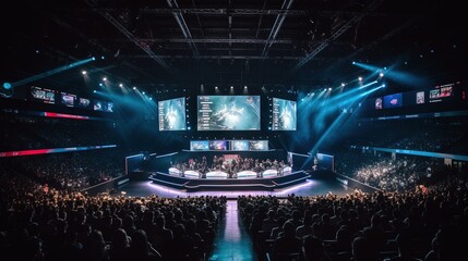 E-sports arena, esports tournament. Big illuminated main stage of a computer games tournament located on a big stadium. Screens displaying the game. Generative AI