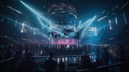E-sports arena, filled with cheering fans and colorful LED lights. Generative AI