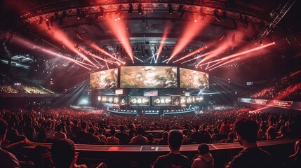 E-sports arena, filled with cheering fans and colorful LED lights. Players compete on a large stage in front of a massive screen displaying the game. Generative AI