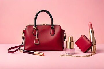 Flat lay with fashion accesories, woman bag, lipstick in red color isolated on pastel background