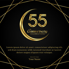 55 years anniversary with a half moon design, double lines of gold color numbers, and text anniversary celebrations on a luxurious black and gold background