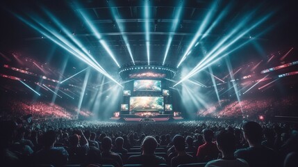 E-sports arena, filled with cheering fans and colorful LED lights. Players compete on a large stage in front of a massive screen displaying the game. Generative AI - obrazy, fototapety, plakaty