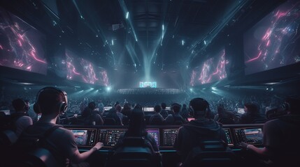 E-sports arena, filled with cheering fans and colorful LED lights. Generative AI