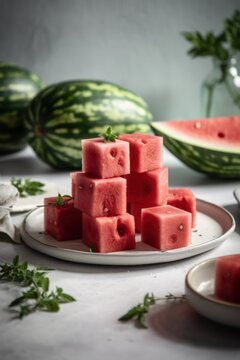 A watermelon is a large, juicy fruit that is typically eaten in the summer months. It has a green rind with a thick layer of pink or red flesh inside that is filled with black seeds.