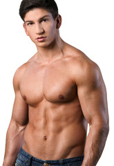 Fototapeta premium A man with a beautiful pumped-up body with big muscles