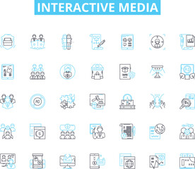 Interactive media linear icons set. Engagement, Digital, Multimedia, Interactive, Games, Animation, Virtual line vector and concept signs. Augmented,User-friendly,Interface outline illustrations