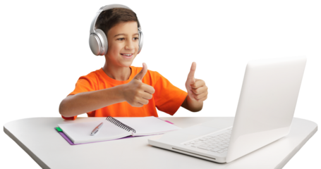 Smiling little child in headphones have a video call distant class using a laptop