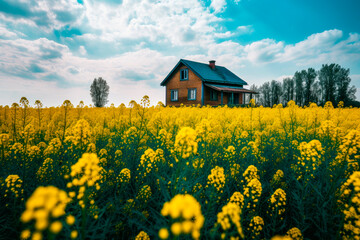 Old farm house in a canola field.AI generated.