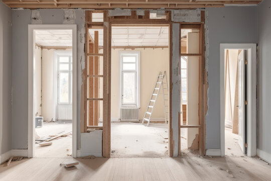 AI-generated image of the interior of an old building under interior reconstruction
