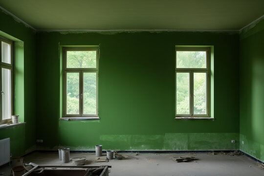Generative AI illustration of empty room with painted green walls and windows near painting work tools during renovation