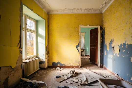Generative AI illustration of empty room with yellow shabby walls and dirty floor against window in home during renovation