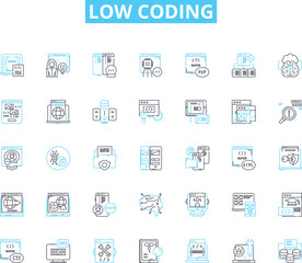Low coding linear icons set. Simplify, Efficiency, Intuitive, Agile, Rapid, Streamline, Productivity line vector and concept signs. Automate,Scalable,Flexibility outline illustrations