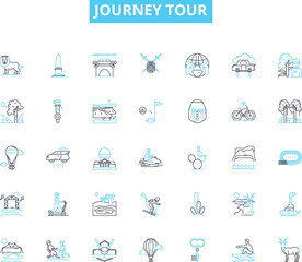 Journey tour linear icons set. Trek, Adventure, Expedition, Excursion, Odyssey, Safari, Jaunt line vector and concept signs. Voyage,Pilgrimage,Roaming outline illustrations