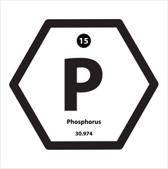 Icon structure Phosphorus (P) chemical element icon hexagon shape black border white background. Cesium is a chemical element with atomic number and symbol. Study in science for education.