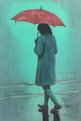 illustration of woman in coat walking with red umbrella from behind on a dull cloudy day, made with generative ai