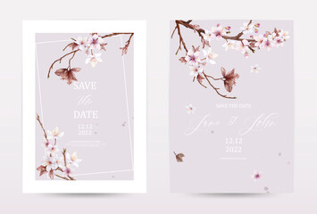 Watercolor cherry blossoms invitation viva magenta template cards set