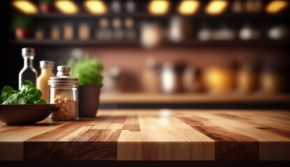 Empty wooden tabletop with blurred kitchen background. Mock up for display or montage of product.  AI generated image