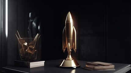 Rocket shaped trophy illustration, business and startup concept, black background. Generative AI