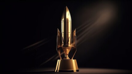 Rocket shaped trophy illustration, business and startup concept, black background. Generative AI