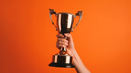 Illustration of hand holding trophy, competitiveness and victory concept, orange background. Generative AI