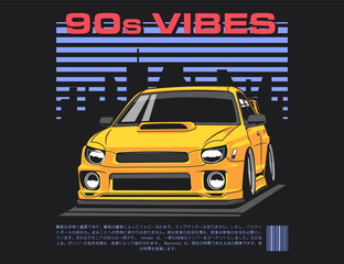 90s vibes car illustration design vector with city background graphic