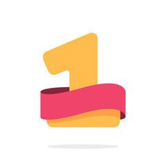 Number 1 logo winner ribbon icon vector graphic red yellow gold, one year anniversary template for kids birthday party jubilee badge, 1st place blank award trophy win clipart image