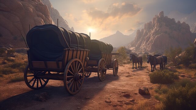 Old wagon in the middle of canyons, landscape, wild west concept. Generative AI