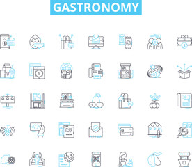 Gastronomy linear icons set. Cuisine, Food, Culinary, Gourmet, Savory, Delicious, Flavorful line vector and concept signs. Tasty,Palatable,Mouthwatering outline illustrations Generative AI