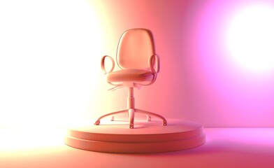 Pink office chair standing on pink color podium. Hiring new job vacancy concept. We are hiring.