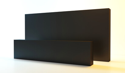 Black Welcome desk, 3d rendering. perspective view of a registration stand  banners. Mockup for evens, exhibitions and presentations. 