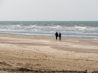 Couple sur une plage de sable regardant la mer agitée 