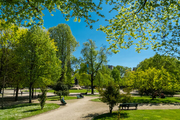 Fototapeta na wymiar Oporto, Portugal. April 13, 2022: Boavista park with beautiful blue sky.