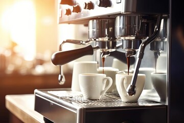 Coffee cups being filled with fresh brewed coffee - obrazy, fototapety, plakaty