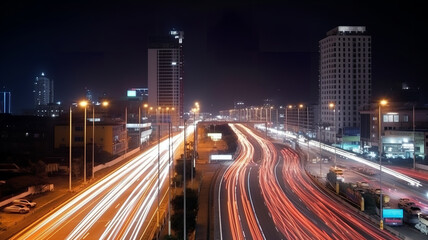 Fototapeta na wymiar Street traffic in the night city. Office skyscraper buildings and busy traffic on highway road with blurred cars light trails.