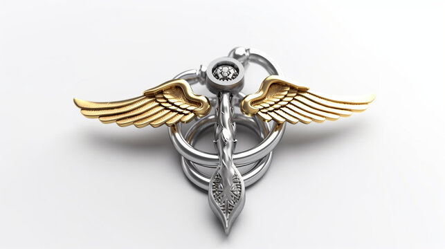 Caduceus silver gold dark metal medical symbol isolated on white background Ai generated image