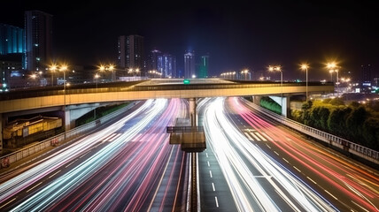 Fototapeta na wymiar Night timelapse cityscape lights with Traffic Trails