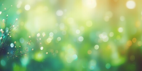 Obraz premium Sunny abstract green nature background, green blurred bokeh lights, abstract banner. Generative AI