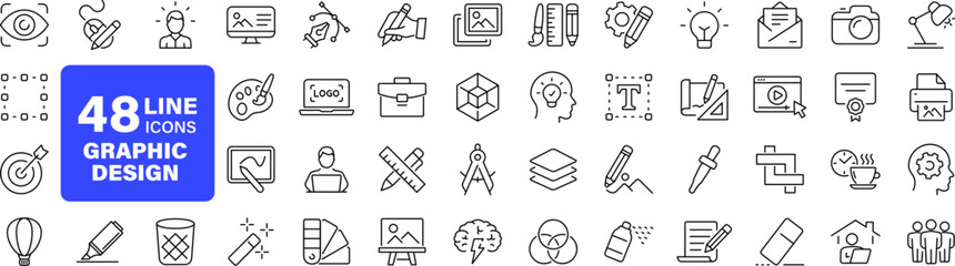 Graphic Design set of web icons in line style. Graphic design icons for web and mobile app. Digital art, creativity, tools, drawing, portfolio, creative process. Vector illustration