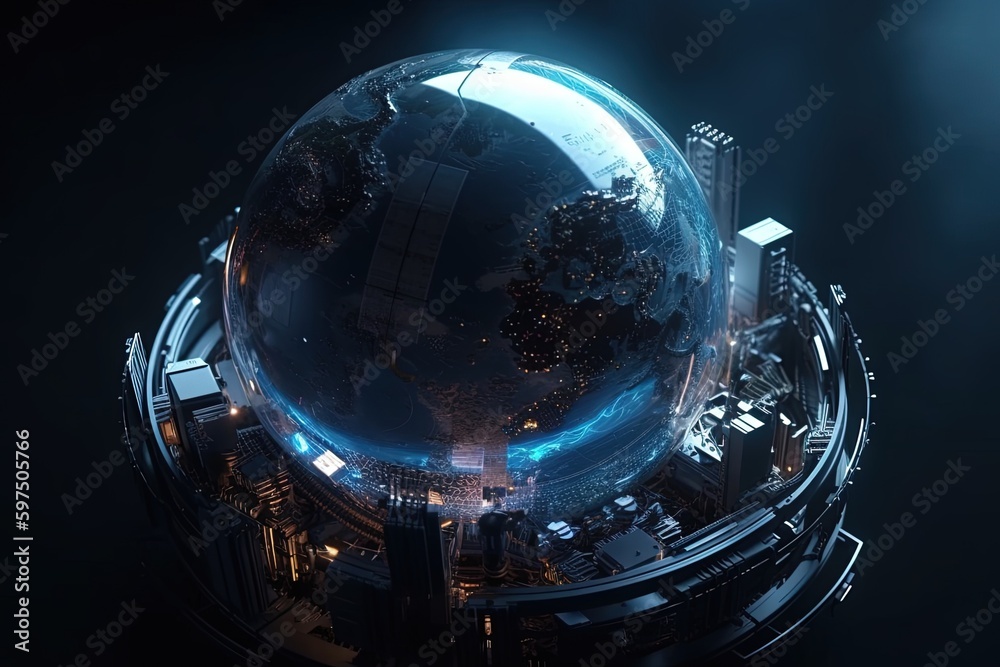 Wall mural future technology sphere cosmic background with earth inside a globe illustration generative ai