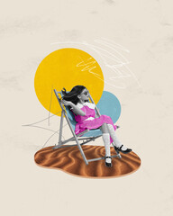 Little girl, child in beautiful dress sitting on chair on sand and resting under sun. Contemporary art collage. Concept of summertime holidays, inspiration, travel, vacation, rest, childhood, dreams