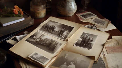 Family tree concept, dna, genes, ancestors. An album with old photographs lies on the table, top view, AI generated